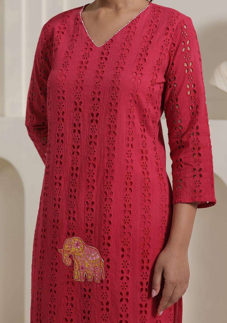 Pink Self Design Cotton Kurta Set - Indya