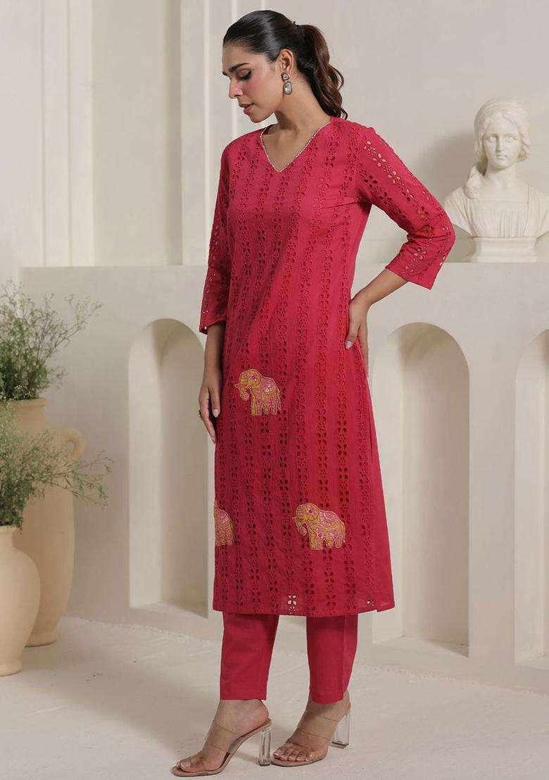 Pink Self Design Cotton Kurta Set - Indya