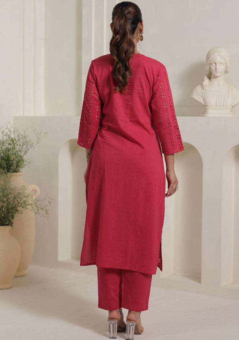Pink Self Design Cotton Kurta Set - Indya