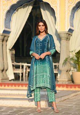 Green Printed Chinon Kurta Set