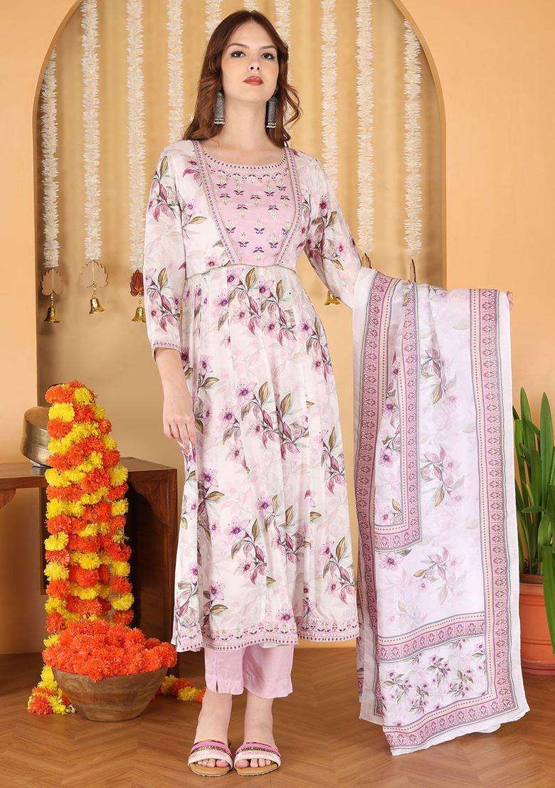 Pink Printed Cotton Anarkali Set - Indya
