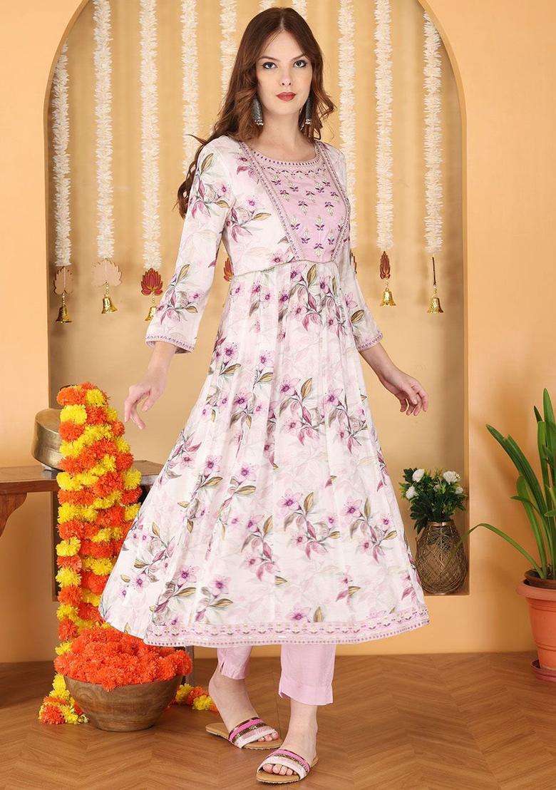 Pink Printed Cotton Anarkali Set - Indya