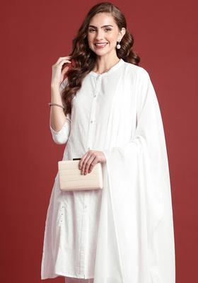 White Woven Design Cotton Kurta Set