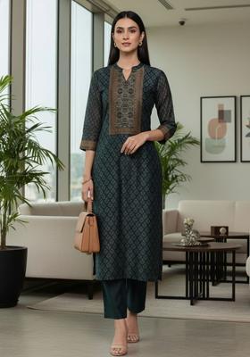 Navy Blue Printed Silk Blend Kurta Set
