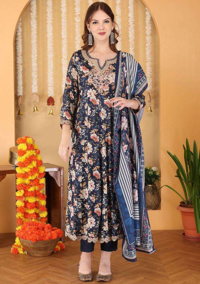Navy Blue Printed Cotton Anarkali Set - Indya