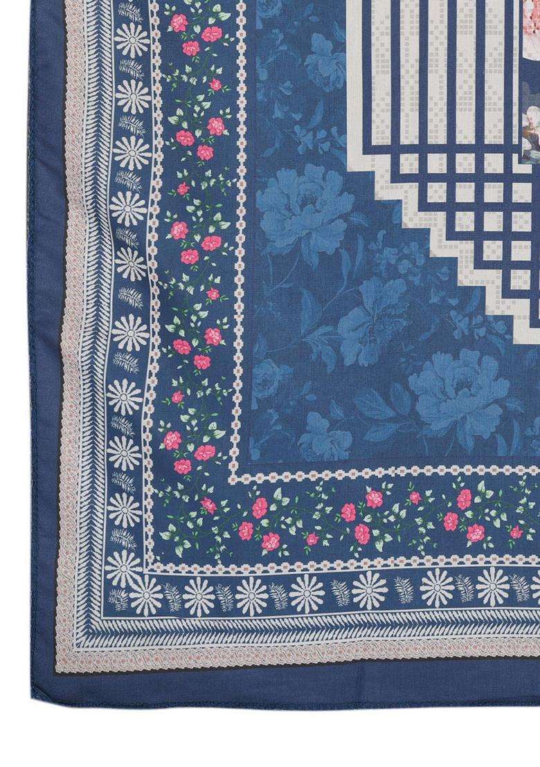 Navy Blue Printed Cotton Anarkali Set - Indya