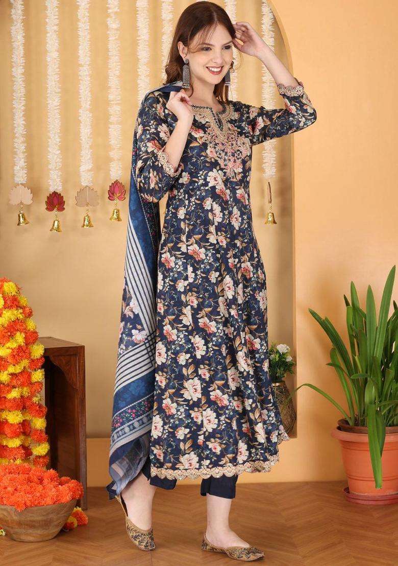 Navy Blue Printed Cotton Anarkali Set - Indya