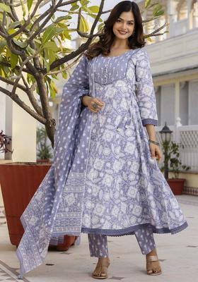 Purple Yoke Design Cotton Kurta Set