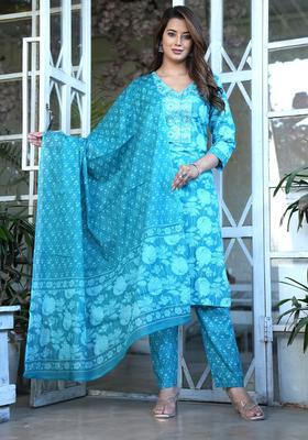 Turquoise Blue Printed Cotton Kurta Set