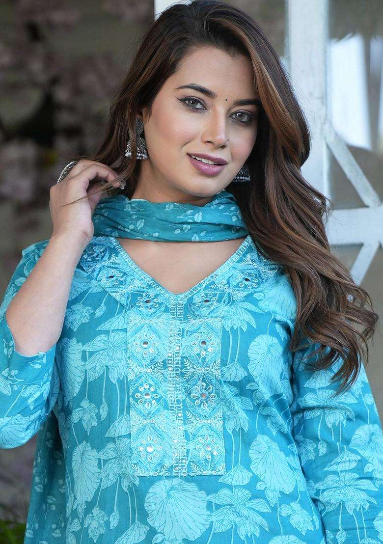 Turquoise Blue Printed Cotton Kurta Set - Indya