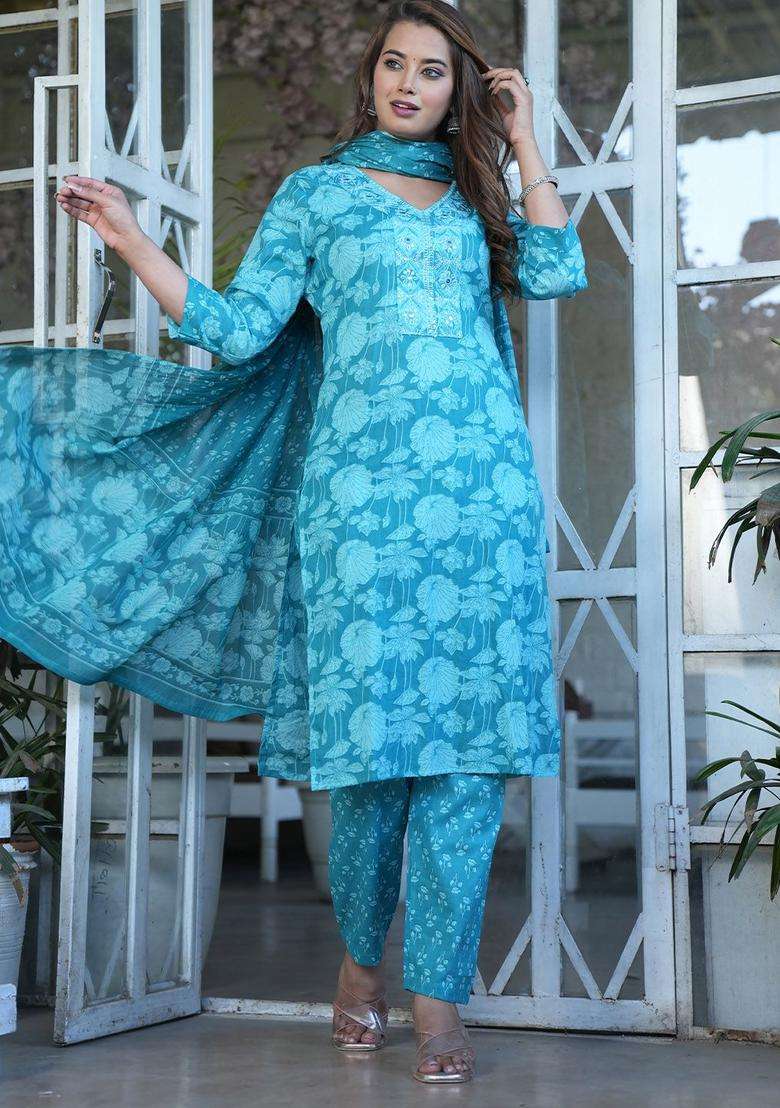 Turquoise Blue Printed Cotton Kurta Set - Indya