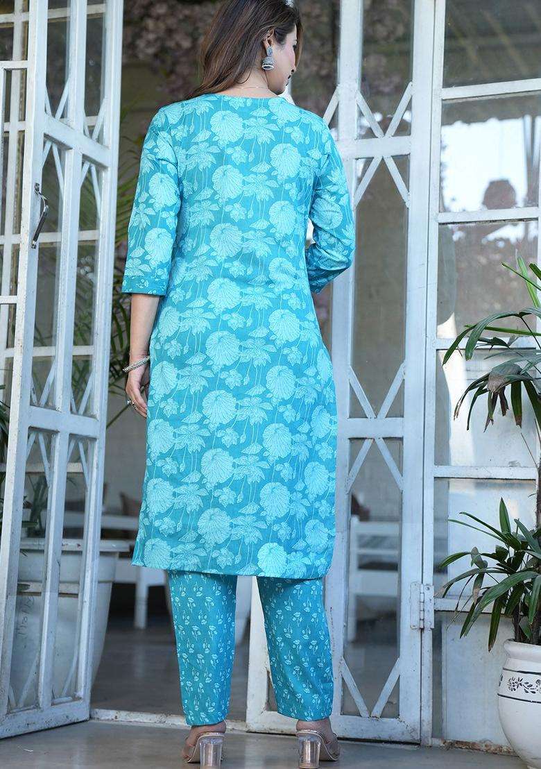 Turquoise Blue Printed Cotton Kurta Set - Indya