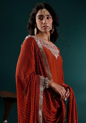 Rust Embroidered Silk Blend Kurta Set