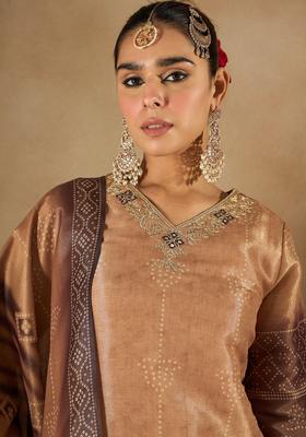 Brown Embroidered Silk Blend Kurta Set