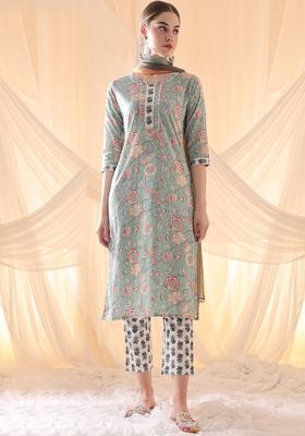 Teal Printed Cotton Kurta Set