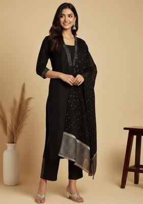 Black Solid Silk Blend Kurta Set