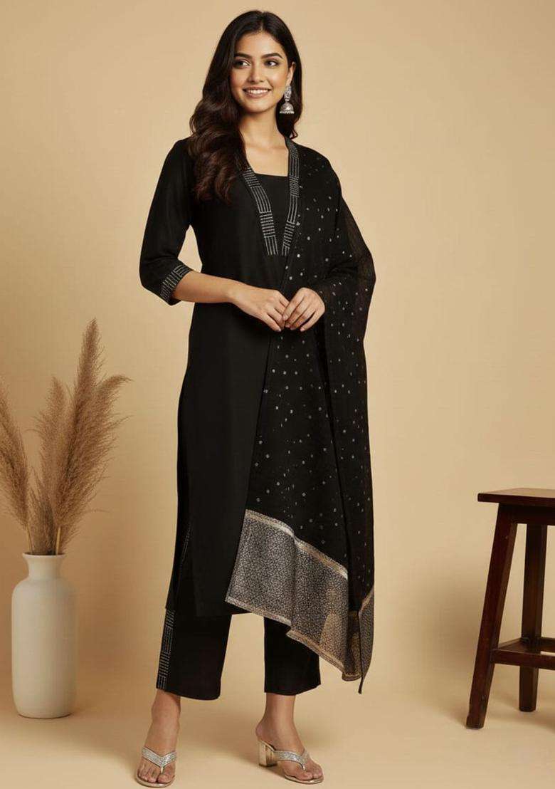 Black Solid Silk Blend Kurta Set - Indya