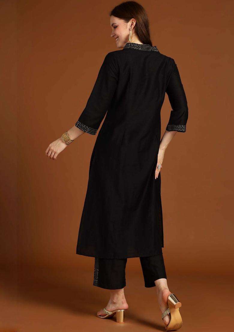 Black Solid Silk Blend Kurta Set - Indya