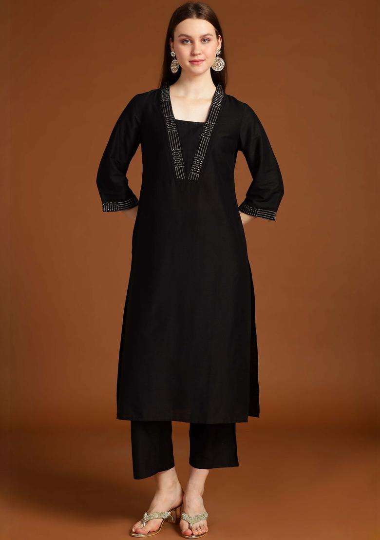 Black Solid Silk Blend Kurta Set - Indya