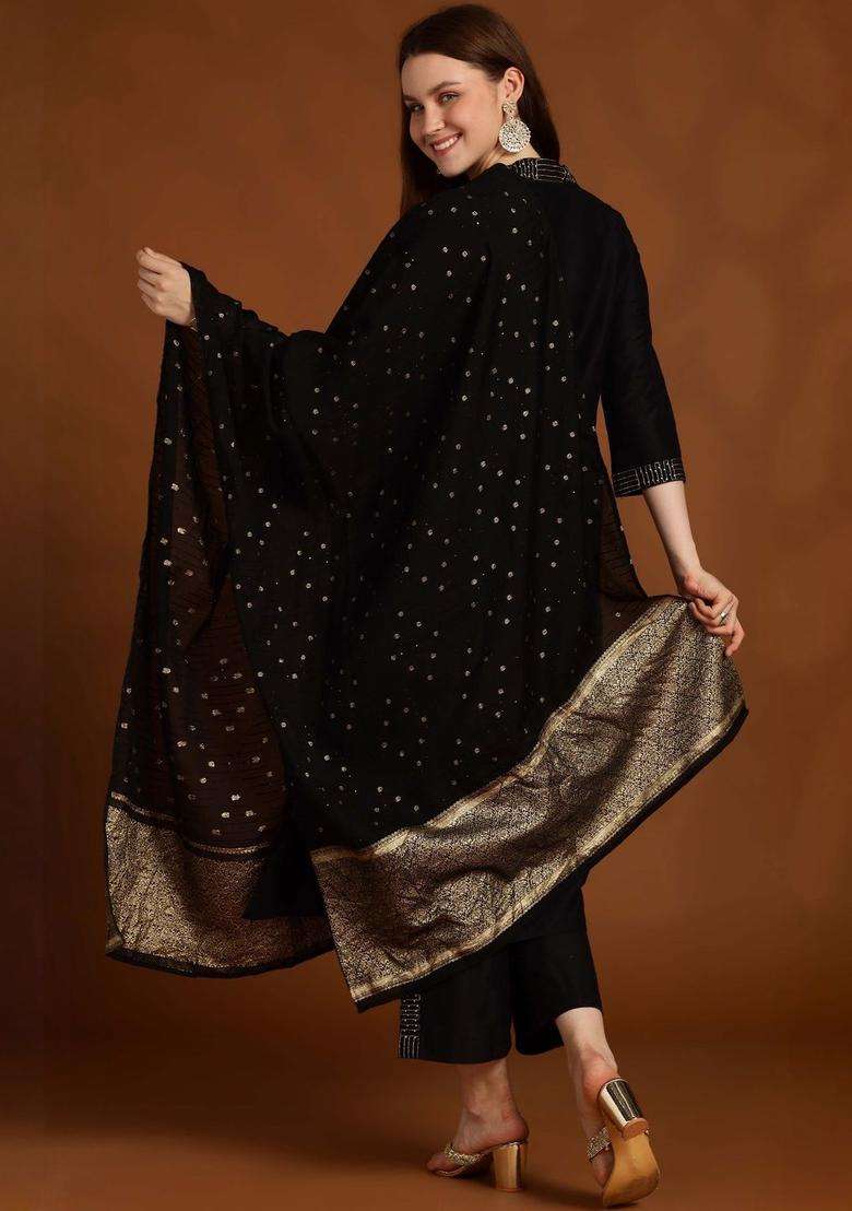 Black Solid Silk Blend Kurta Set - Indya