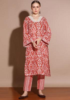 Orange Printed Cotton Kurta Set