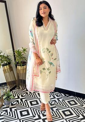 Blue Printed Organza Kurta Set