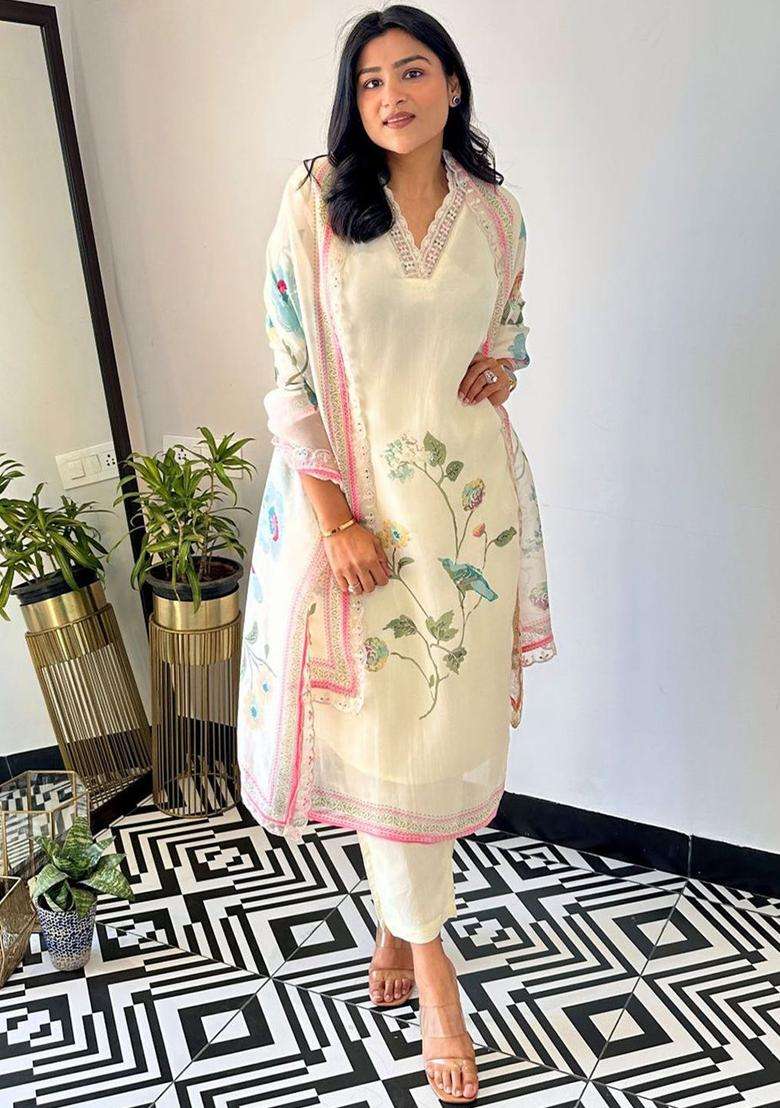 Blue Printed Organza Kurta Set - Indya