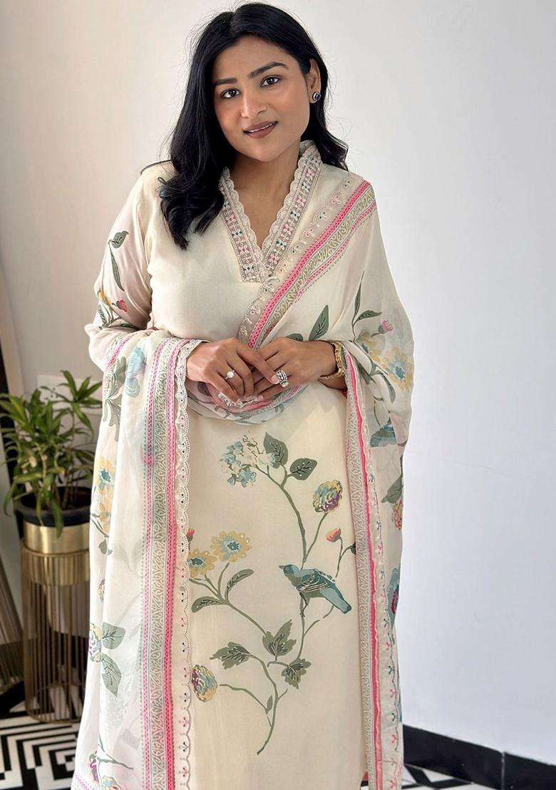 Blue Printed Organza Kurta Set - Indya