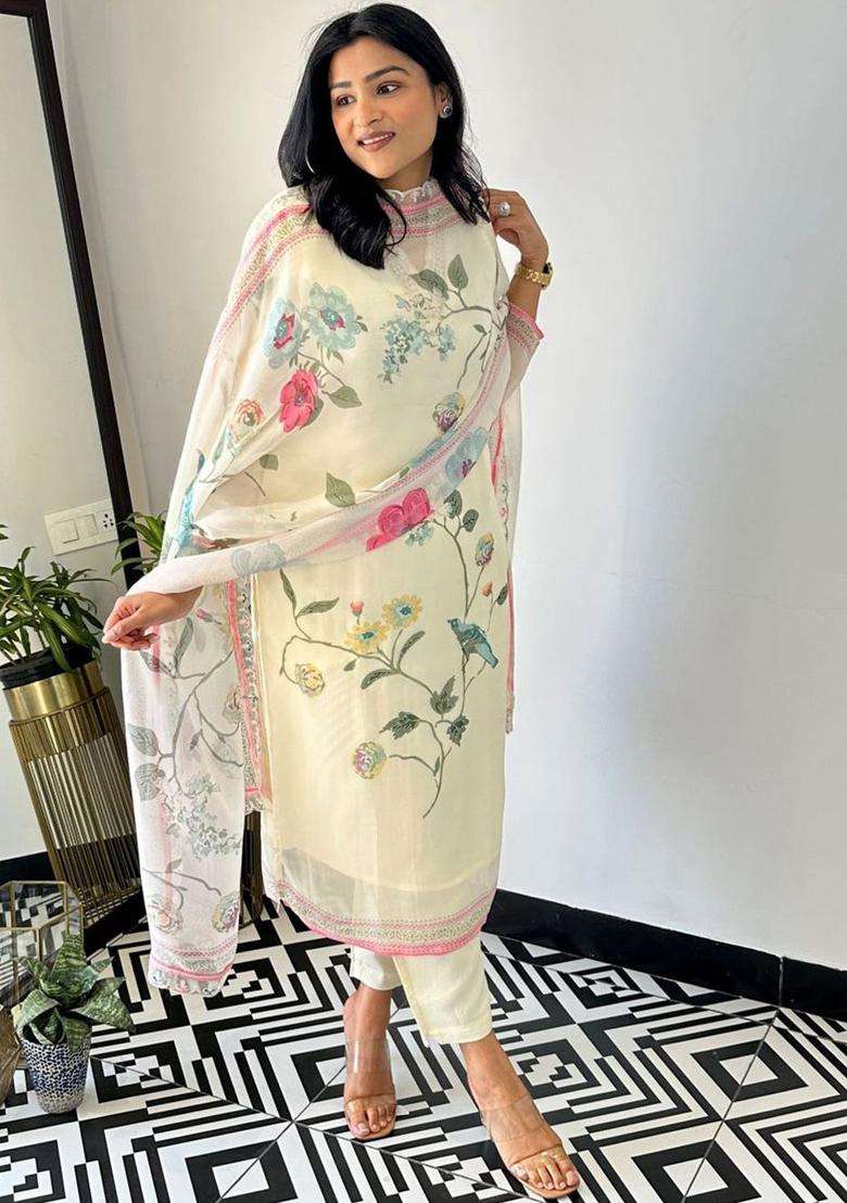 Blue Printed Organza Kurta Set - Indya