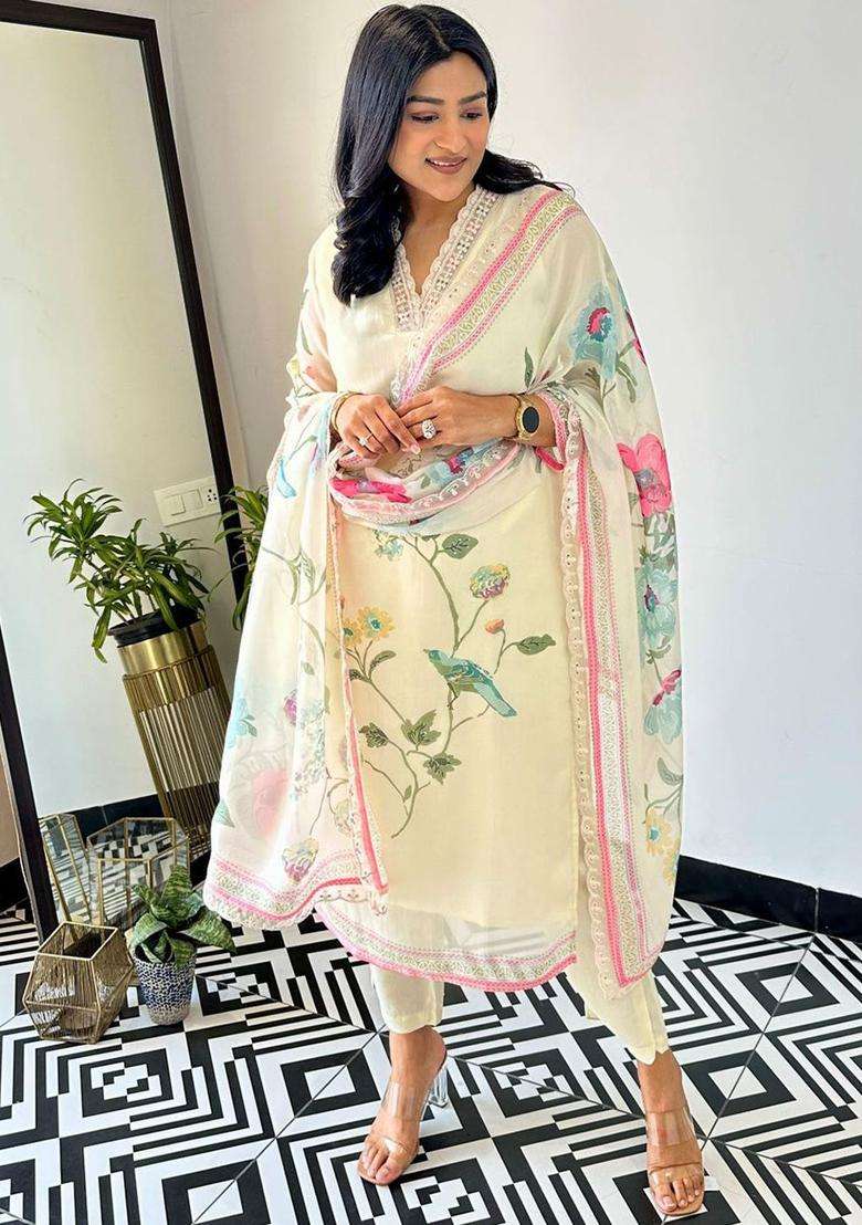 Blue Printed Organza Kurta Set - Indya