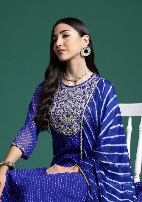 Blue Printed Georgette Kurta Set — view on Indya