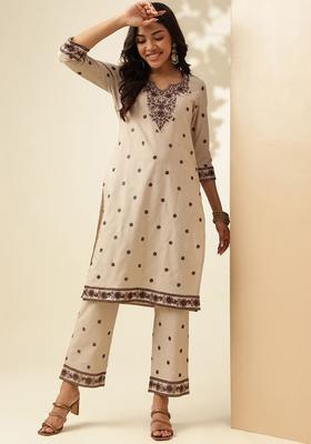 Beige Embroidered Cotton Kurta Set
