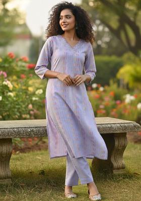 Lavender Printed Cotton Kurta Set