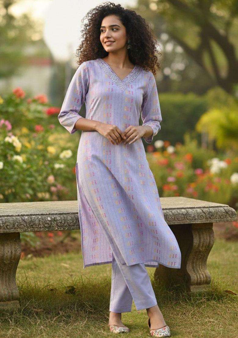 Lavender Printed Cotton Kurta Set - Indya