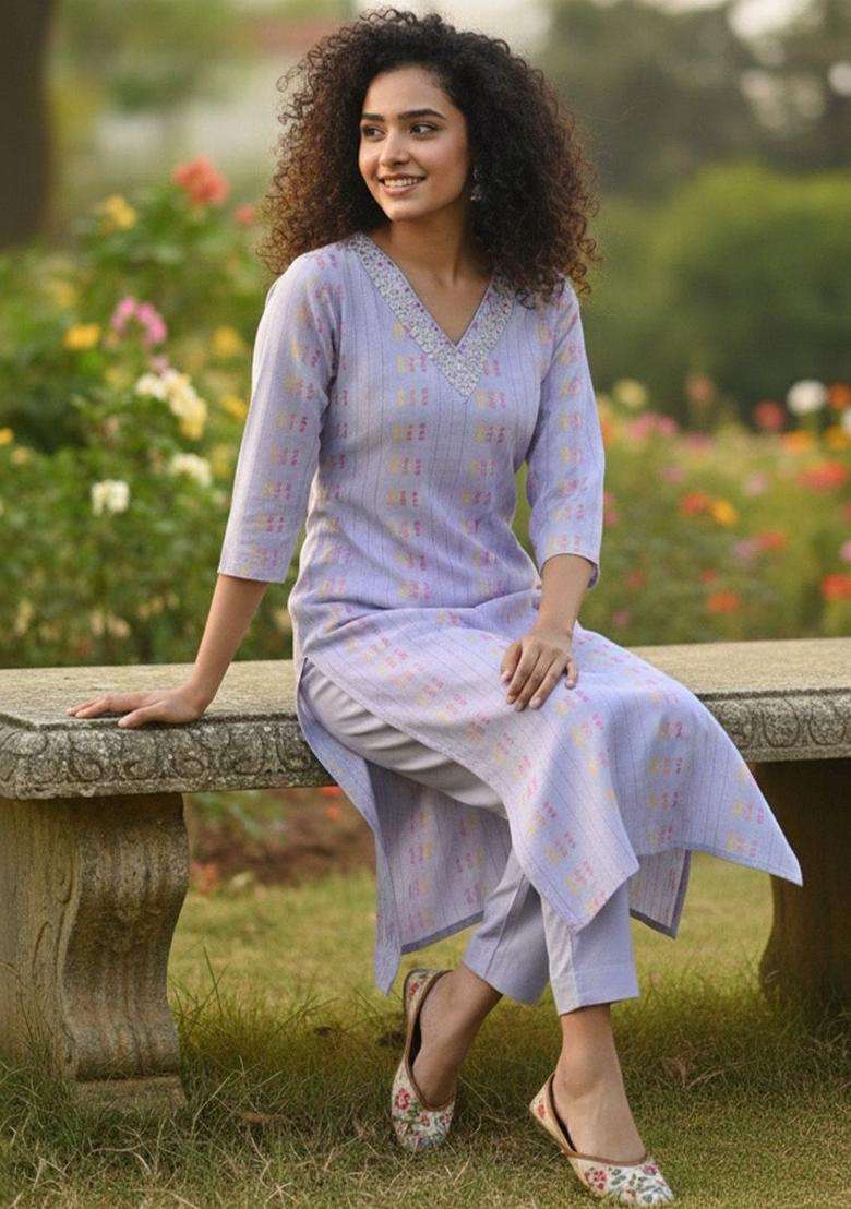 Lavender Printed Cotton Kurta Set - Indya
