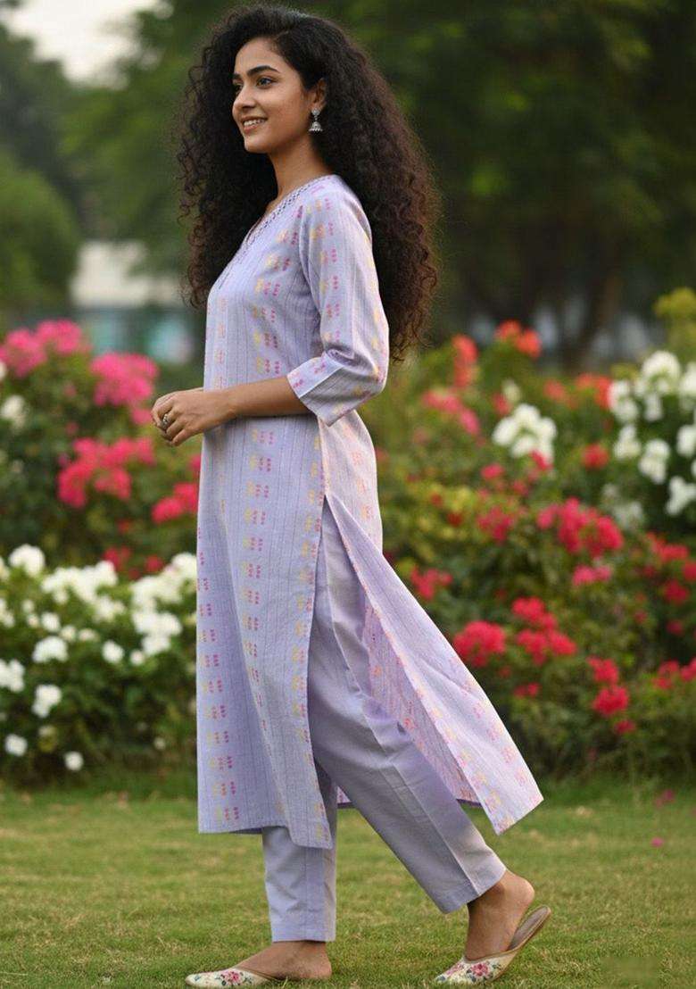 Lavender Printed Cotton Kurta Set - Indya