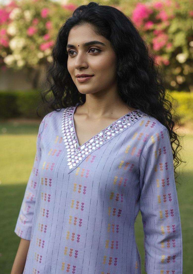 Lavender Printed Cotton Kurta Set - Indya