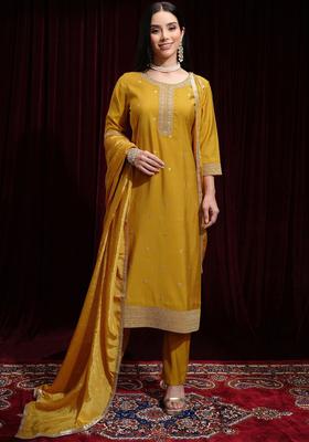 Mustard Embroidered Viscose Kurta Set