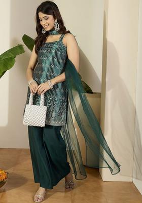 Teal Woven Design Silk Blend Kurta Set