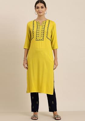 Lime Green Embroidered Viscose Kurta Set