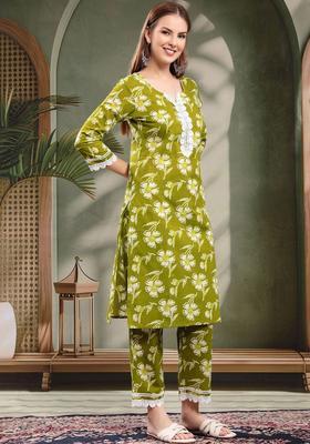 Lime Green Printed Cotton Kurta Set