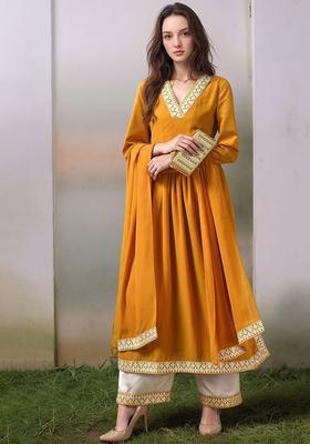 Yellow Embroidered Georgette Kurta Set
