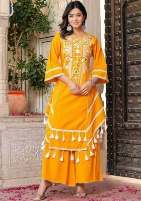 Mustard Embroidered Viscose Kurta Set