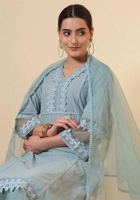 Grey Embroidered Cotton Kurta Set