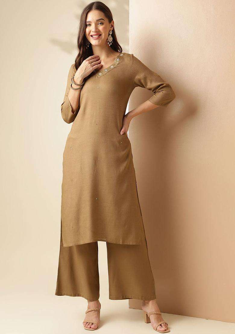 Khaki Solid Viscose Kurta Set - Indya