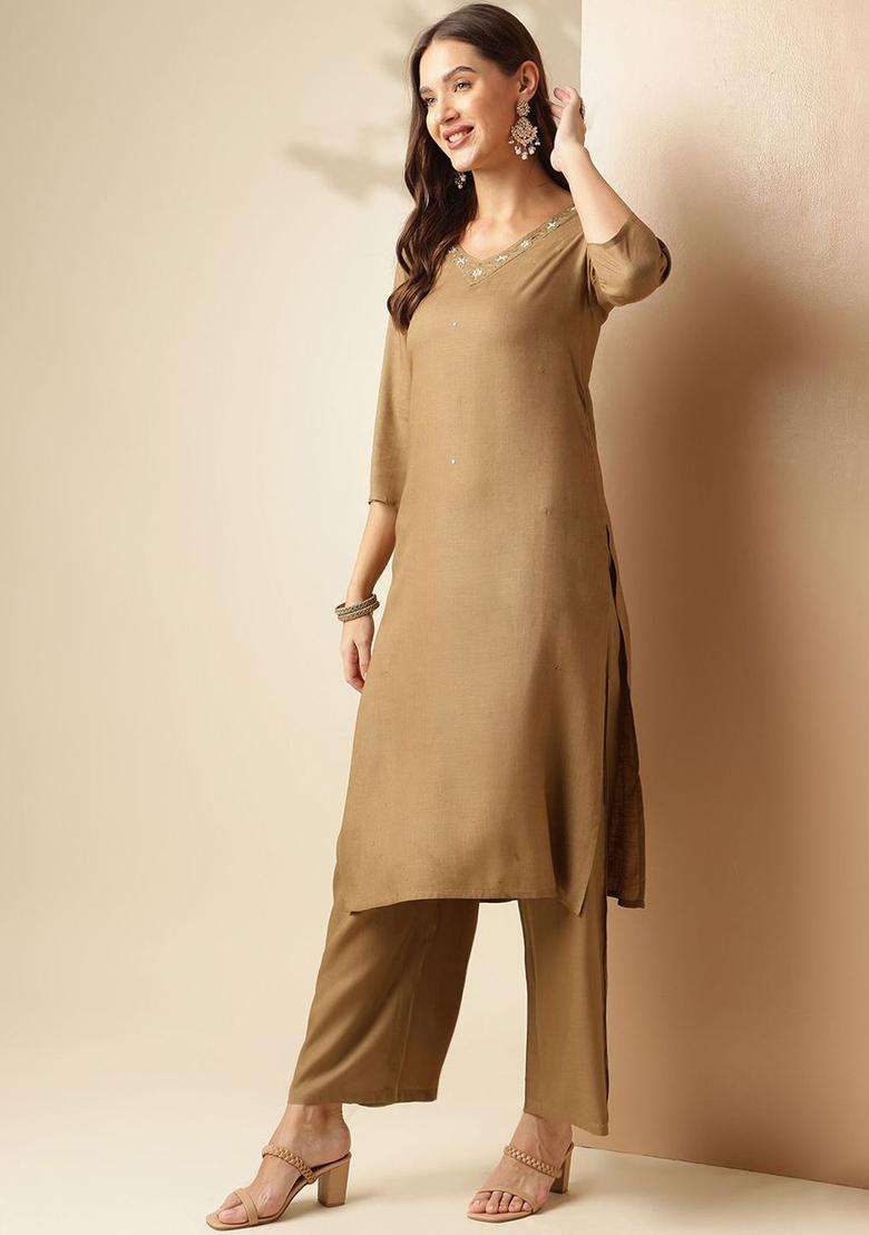 Khaki Solid Viscose Kurta Set - Indya
