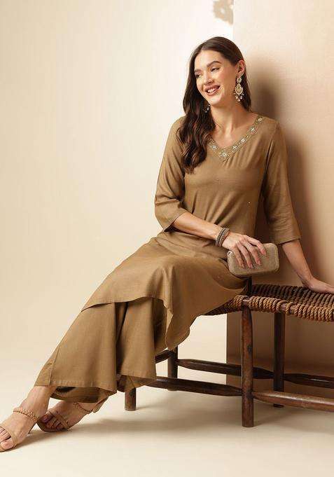 Khaki Solid Viscose Kurta Set