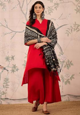 Red Solid Viscose Kurta Set