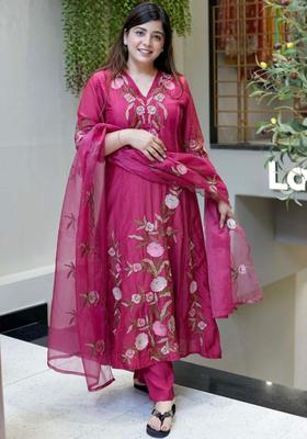 Magenta Embroidered Silk Kurta Set