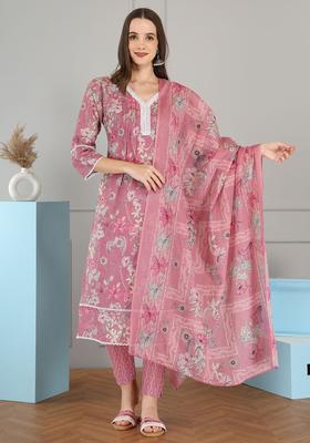 Beige Printed Cotton Kurta Set